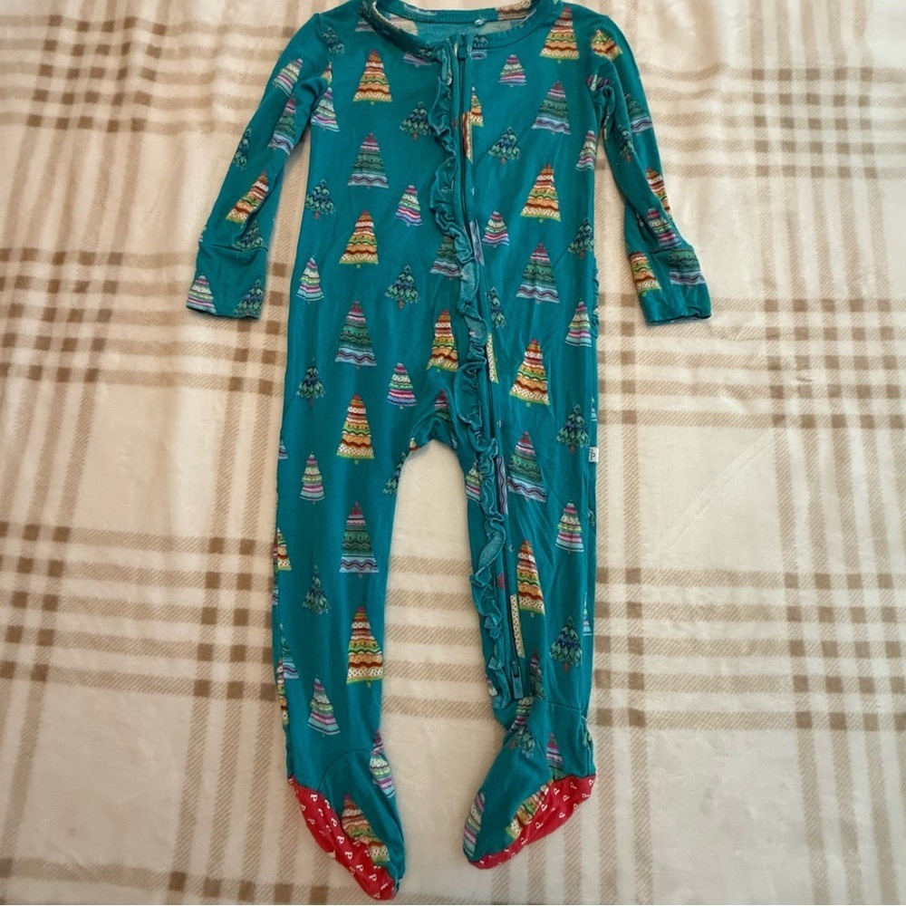Posh Peanut Christmas Tree Ruffle Footie Sleeper Teal Bamboo 12-18 Months